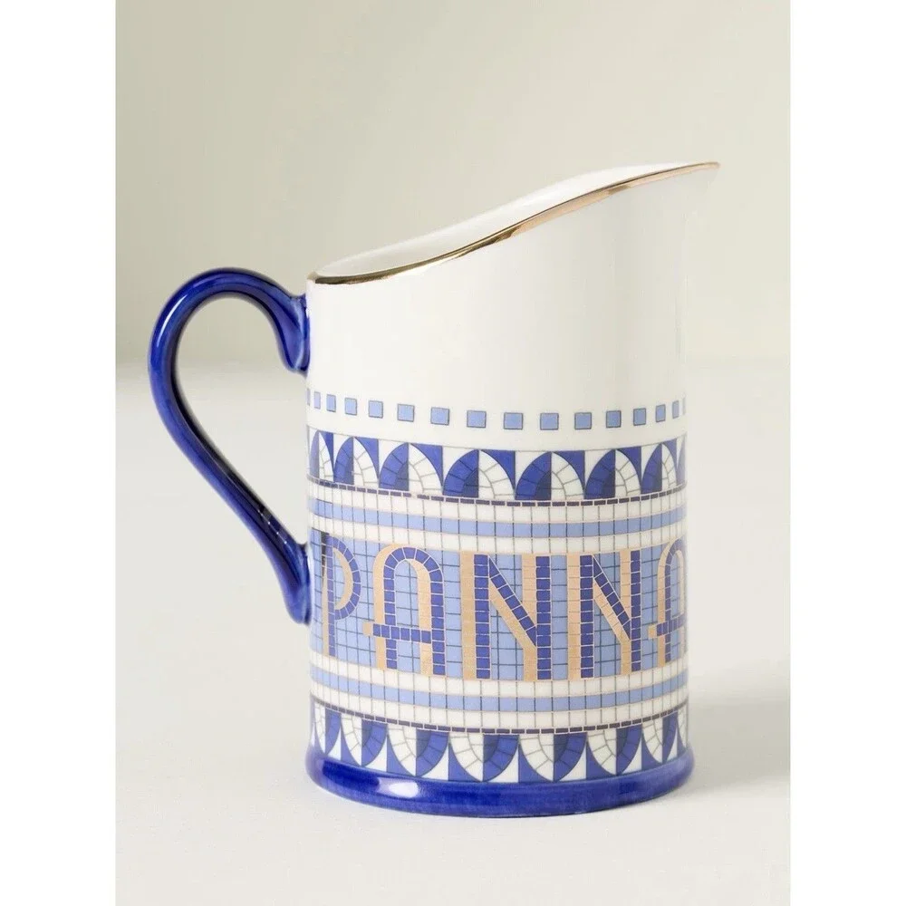 Anthropologie Bistro Tile Sugar Pot & Creamer Set Blue Gold Italia Stoneware NEW